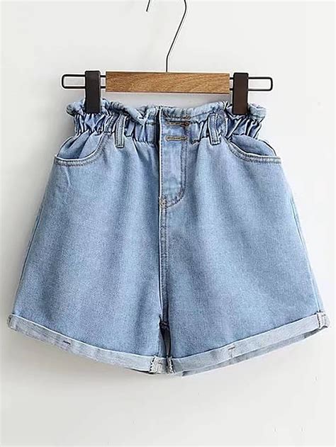 Elastic Waist Rolled Hem Denim Shorts Sheinsheinside