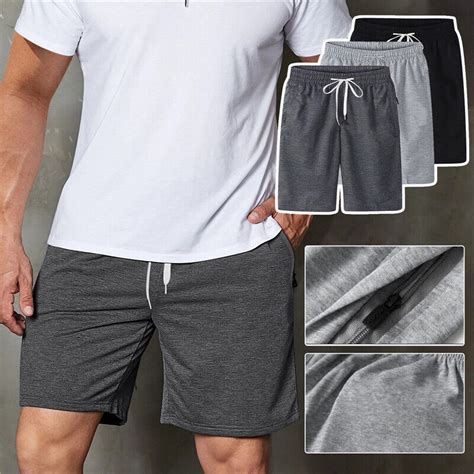 Men Plain Gym Fleece Shorts Pants Jogger Elasticated Waist Running Zip Pockets Ebay