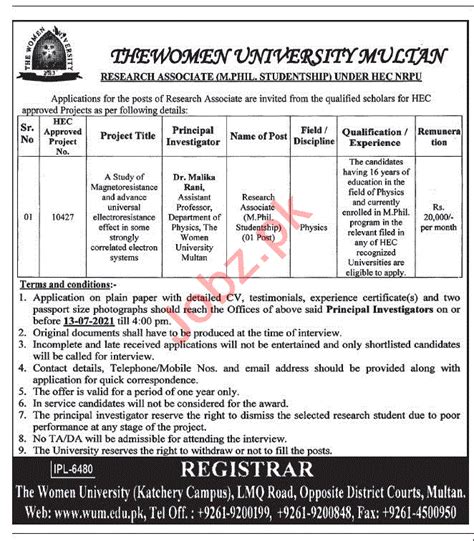 The Women University Multan Wum Jobs 2021 Research Associate 2025 Job