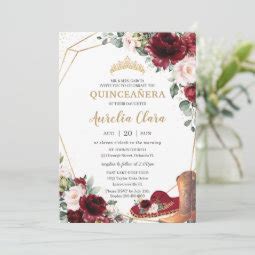 Quincea Era Burgundy Blush Floral Charro Hat Boot Invitation Zazzle