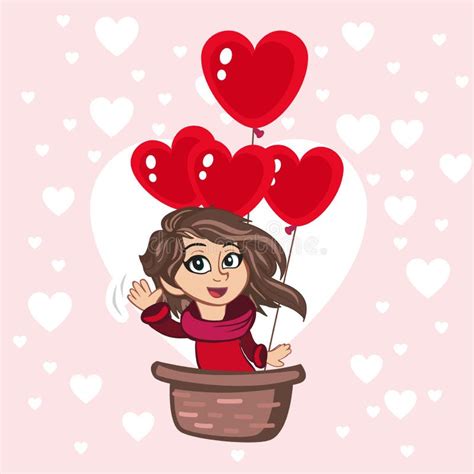 Cartoon Girl Riding A Hot Air Balloon Vector Clip Art Illustration