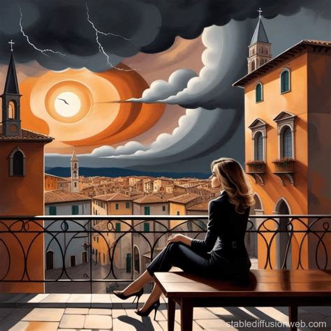Woman On Balcony During Italian Thunderstorm Stable Diffusion Online