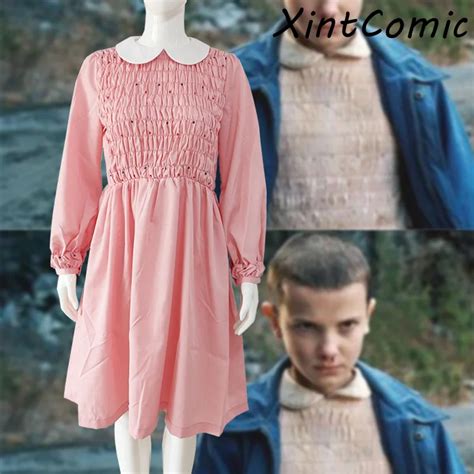 Stranger Things 3 Eleven Dress Women Girl Pink Long Sleeve Dress Silk