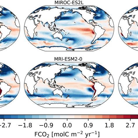 Multiyear Mean Maps Of Airsea Co Flux Fco Units Mol C M Yr