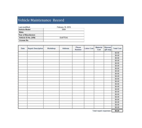 Vehicle Maintenance Spreadsheet — Db