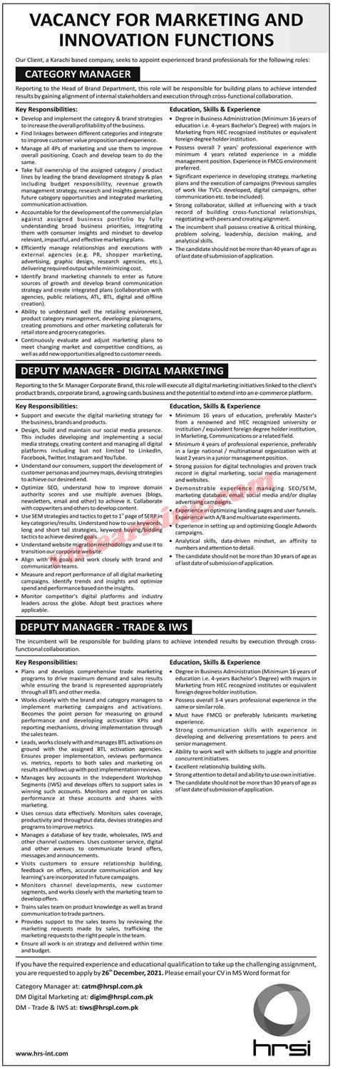 Karachi Based Company Jobs 2021 For Deputy Managers And Category Manager