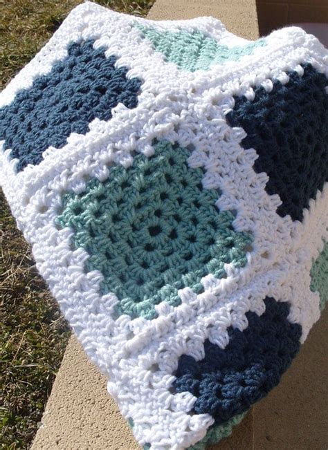 Crochet Afghan Blue Green And White Granny By Klickin Kneedles