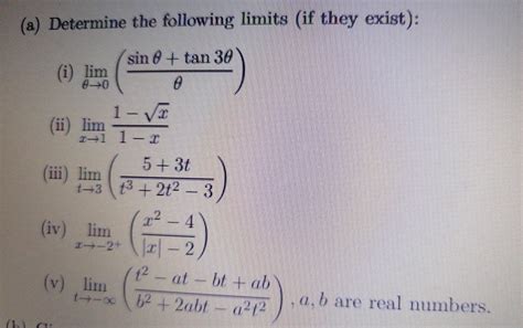 Solved A Determine The Following Limits If They Exist Chegg