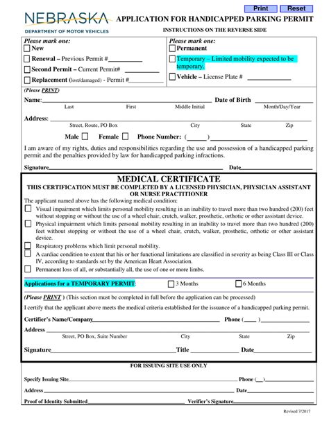 Nebraska Application For Handicapped Parking Permit Fill Out Sign