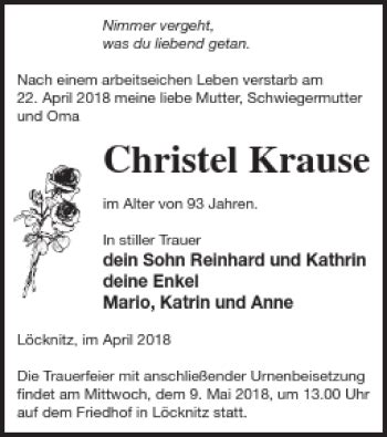 Traueranzeigen Von Christel Krause Trauer Nordkurier