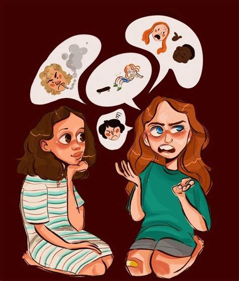 Two Women Sitting Next To Each Other With Speech Bubbles Above Their