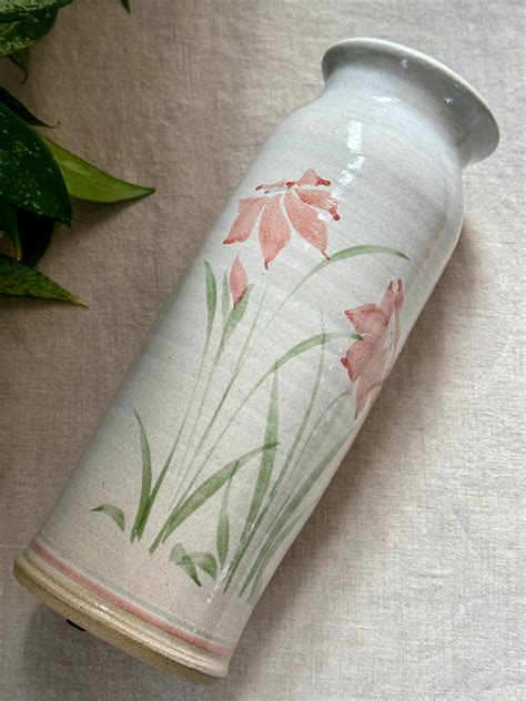 Vintage Tall Pottery Vase With Hand Painted Pink Flowers Pottery Etsy