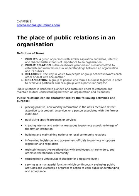 Mnm2607 Chapter 2 Public Relations In An Organisation Chapter 2