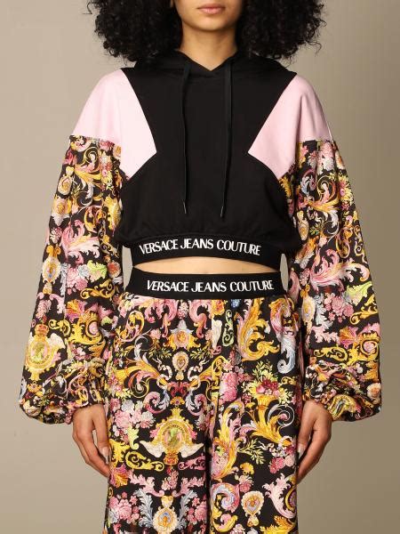 Versace Jeans Couture Cropped Sweatshirt With Baroque Pattern Black Versace Jeans Couture