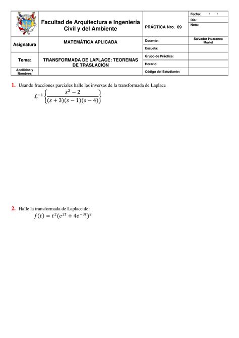 Tarea Transformada De Laplace Traslaci N Eje S Usando Fracciones