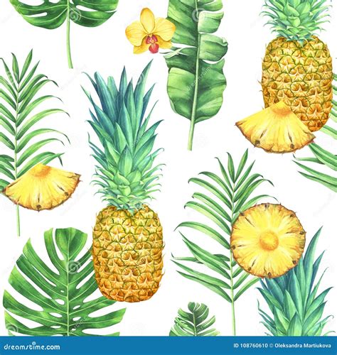 Seamless Watercolor Pattern With Pineapples Tropical Leaves And