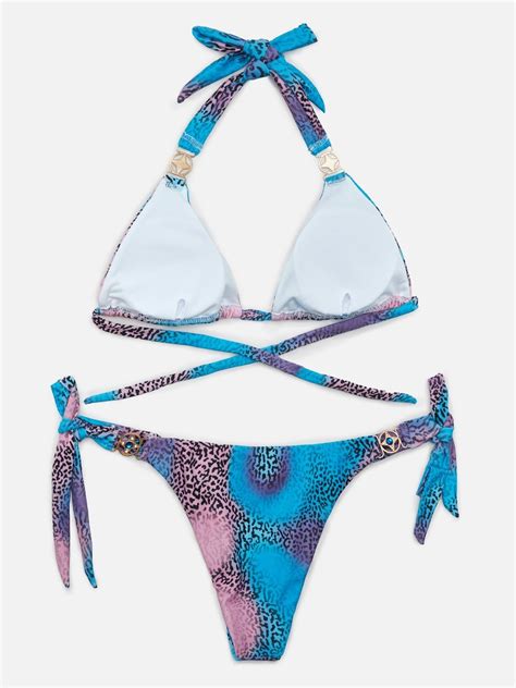 Emmiol Free Shipping Metal Decor Halter Leopard Bikini Set Blue M