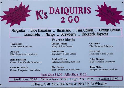 Menu At Ks Daiquiris 2 Go Pub And Bar Nacogdoches