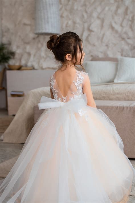 Flower Girl Dress Tulle Ivory Flower Girl Dress Train Party Girl