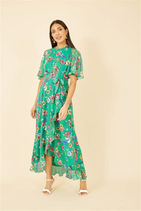 Yumi Green Floral Bird Print Midi Frill Dress