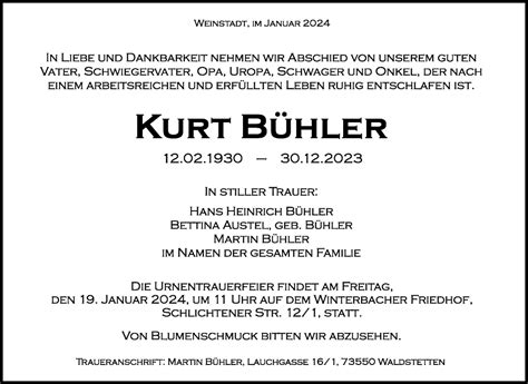 Traueranzeigen von Kurt Bühler ZVW Trauer