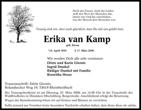 Traueranzeigen Von Erika Van Kamp Trauer In NRW De