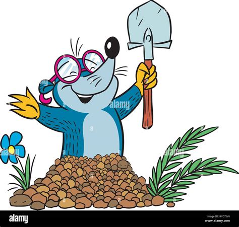 The Illustration Shows Cartoon Funny Mole With A Shovel That Digs