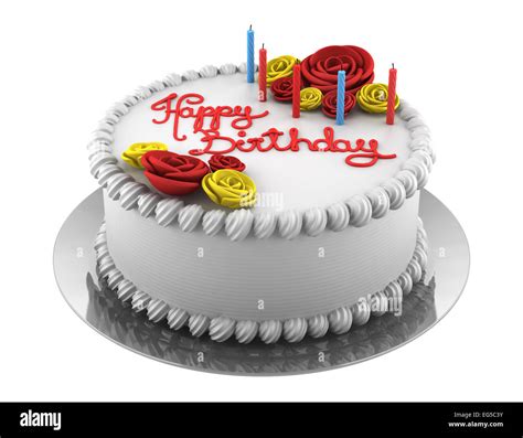 Round Birthday Cake With Candles Isolated On White Background Stock