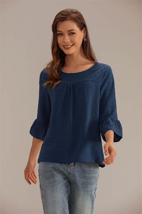 Navy Blue Round Neck 34 Sleeve Blouse Petallush