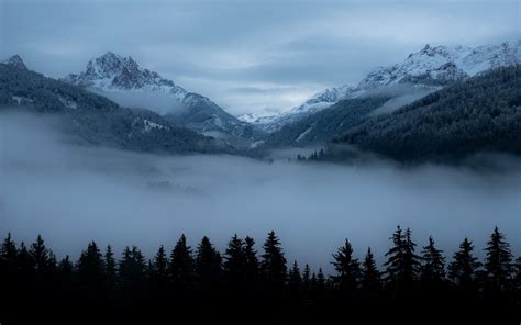 Download Wallpaper 3840x2400 Mountains Fog Trees Valley Dusk 4k