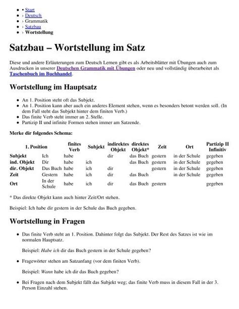 Satzbau Wortstellung Im Satz