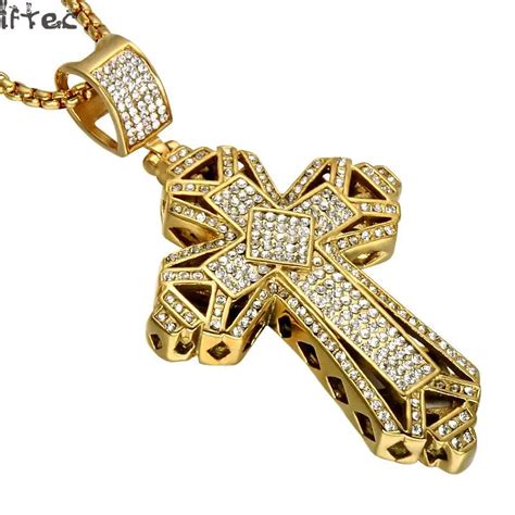 Iced Out Cross Men Pendants Necklaces Gold Color Bling Full Rhinestone