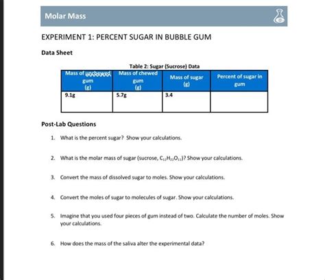 Solved Molar Mass EXPERIMENT 1: PERCENT SUGAR IN BUBBLE GUM | Chegg.com