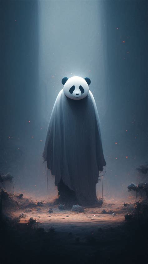 A Panda Bear Dressed In A Ghost Costume Standing Under A Beam With