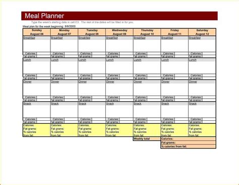 Weekly Meal Planner Excel Template