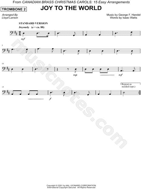 Canadian Brass Joy To The World Trombone 2 Brass Quintet Sheet