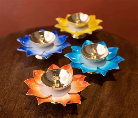 Round Multicolour Colored Brass Lotus Diya For Diwali Pooja Size 4