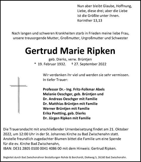 Traueranzeigen Von Gertrud Marie Ripken Nordwest Trauer De