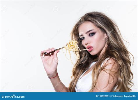 Young Woman Eating Pasta Sensual Girl Female Mouth Suck Pasta