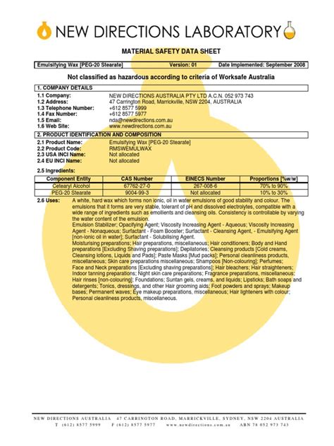 Emulsifying Wax Peg 20 Stearate Msds V1 Pdf Personal Protective