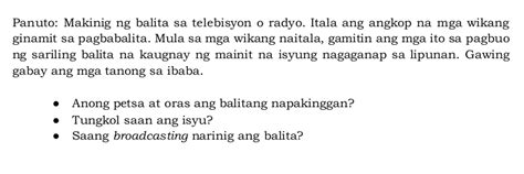 Solved Panuto Makinig Ng Balita Sa Telebisyon O Radyo Itala Ang