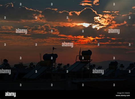 Rooftop Hot Water Solar Heating Systems Stock Photo Alamy