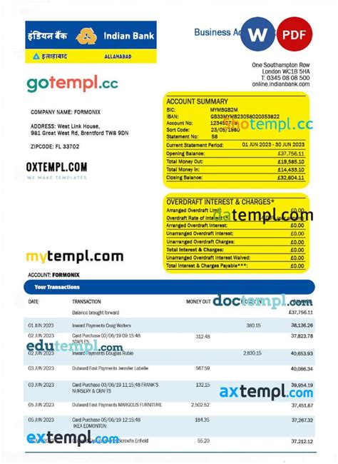 Indian Bank Organization Checking Account Statement Word And PDF