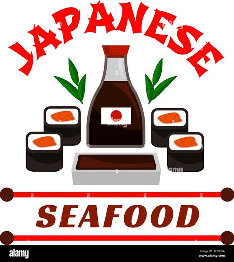 Japanese Seafood Restaurant Emblem Sushi Rolls And Sauce Bottle Icons