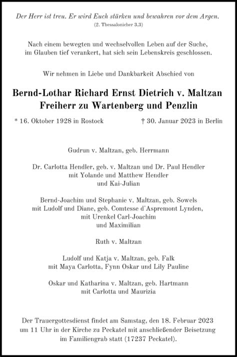 Traueranzeigen Von Bernd Lothar V Maltzan Freiherr Zu Wartenberg Und