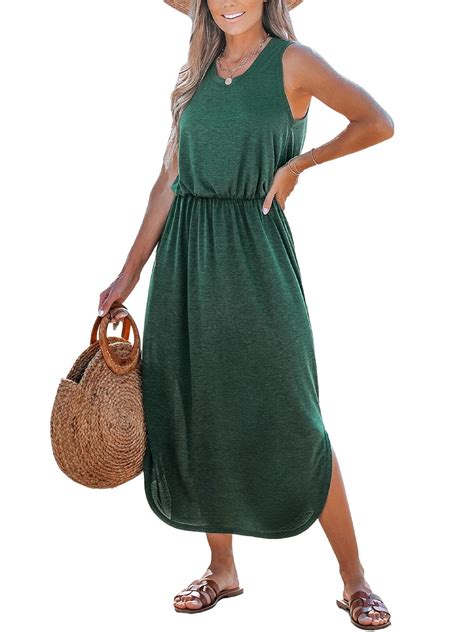 Cupshe Womens Knit Beach Cover Up Dress Side Slit Elastic Waist Round Neck Summer Dresses Cover