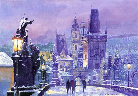 Prague Winter Charles Bridge Painting by Yuriy Shevchuk - Pixels