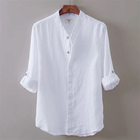 High Quality Mens White Linen Shirts Collapsible Sleeve Shirt V neck ...