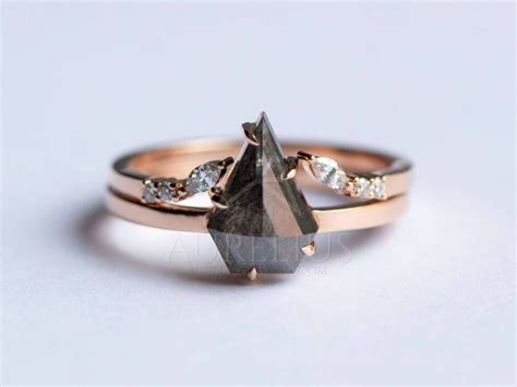 Elongated Hexagon Salt And Pepper Diamond Engagement Ring Aurelius