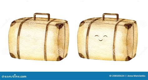 Watercolor Vintage Closed Cute Brown Suitcases Set Isolated On White